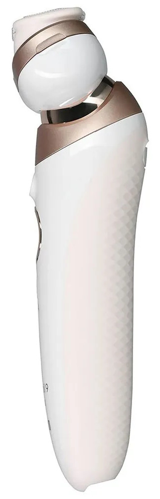 Biały depilator ze złotymi akcentami, na białym tle.