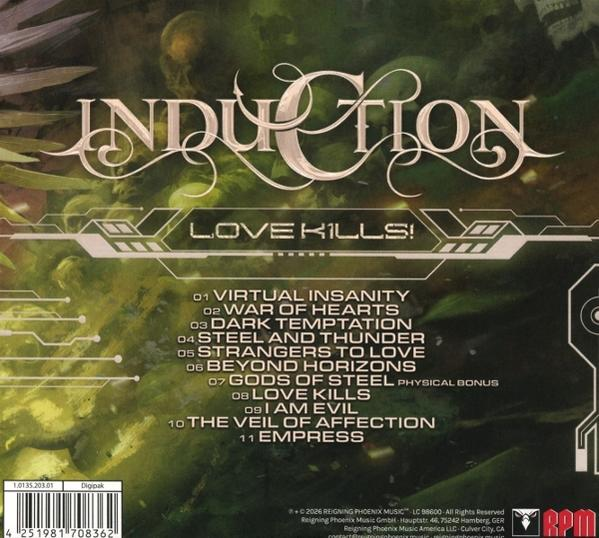 CD-Rückseite: Bandname INDUCTION, Albumtitel LOVE KILLS! mit Trackliste.