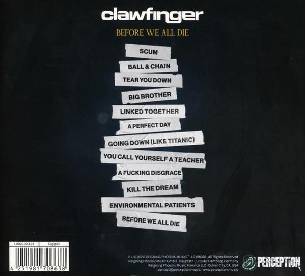 Albumcover von Clawfinger mit Songtiteln auf weißen Klebestreifen.