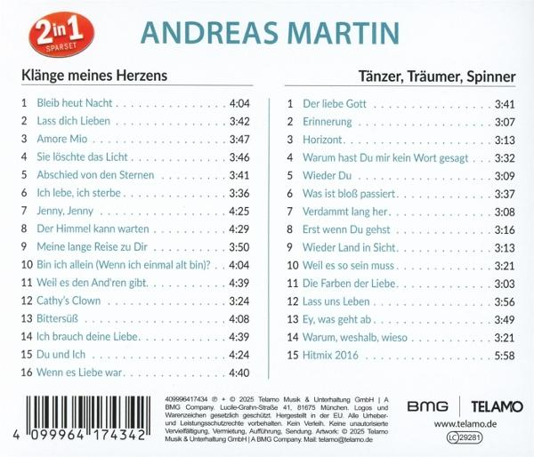 Album-Cover mit Andreas Martin, Titellisten für 'Klänge meines Herzens' und 'Tänzer, Träumer, Spinner'.
