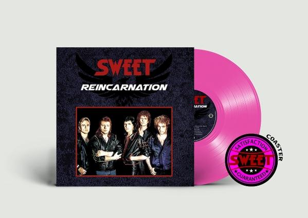 Schallplatte 'Reincarnation' von Sweet mit Bandfoto und pinker Platte.