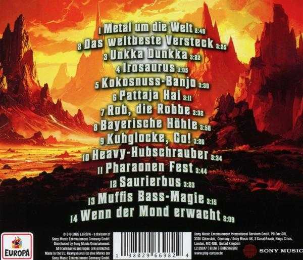 Album-Rückseite mit Songliste und dystopischer Landschaft im Hintergrund.