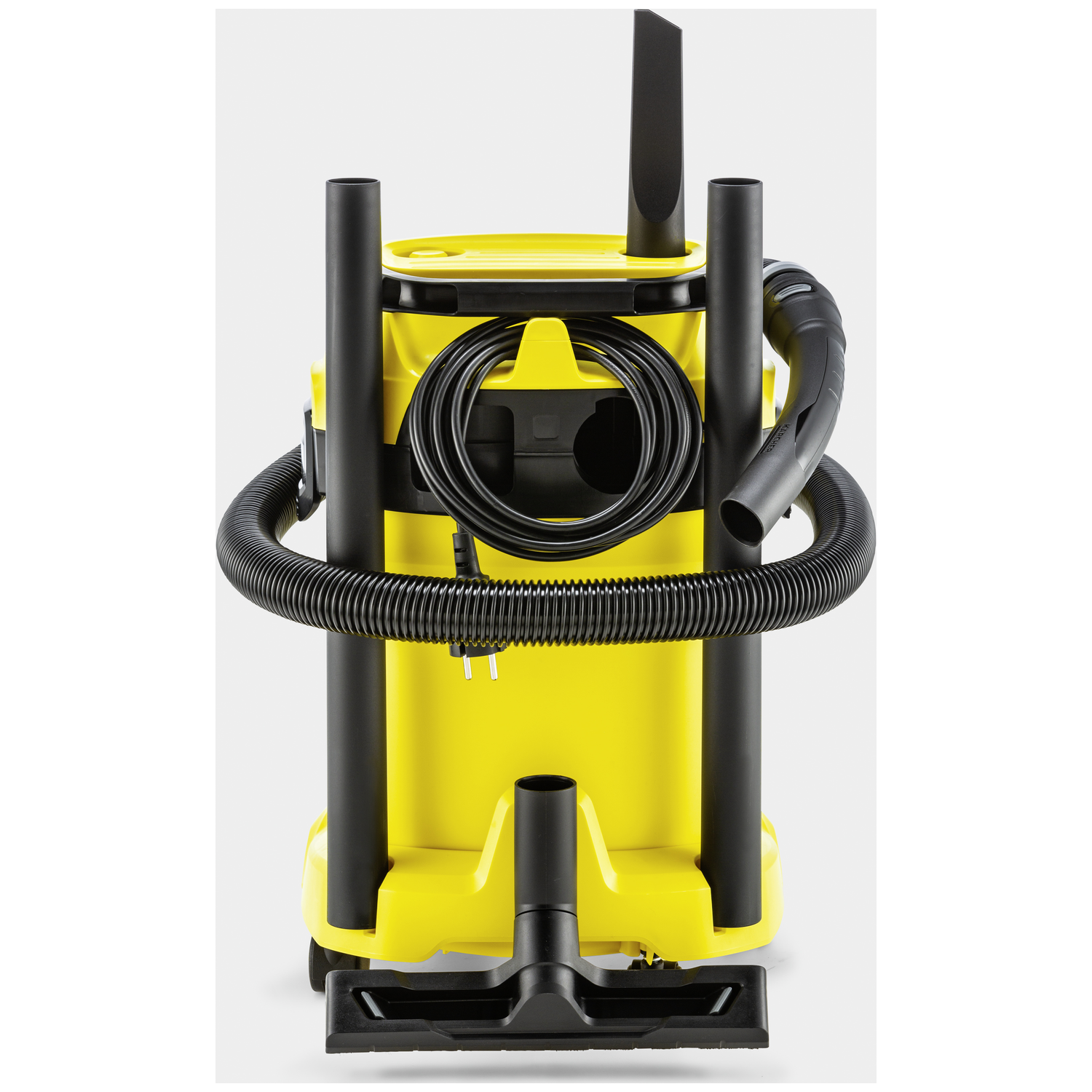 Yellow wet/dry vacuum cleaner with black tubes, hose, and nozzle.