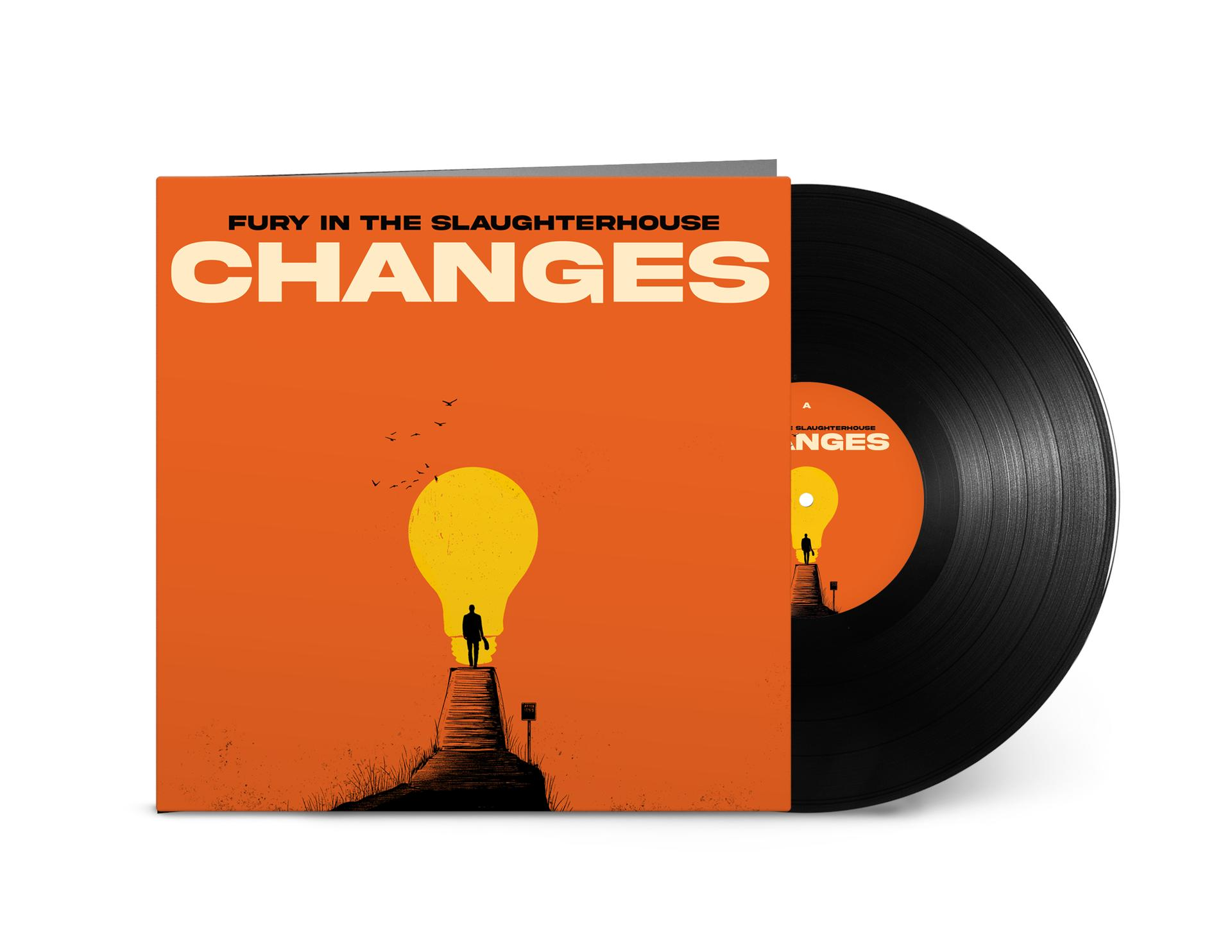 Ein Mann geht eine Treppe zu einer Glühbirne hinauf. Orange Cover mit Vinyl.