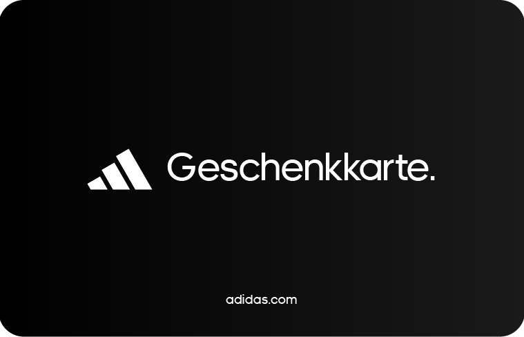 Adidas Geschenkkarte mit Logo und Webseite auf schwarzem Hintergrund.