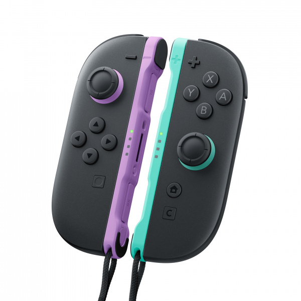 Dwa kontrolery Joy-Con Nintendo Switch, fioletowy i turkusowy, z czarnymi przyciskami.
