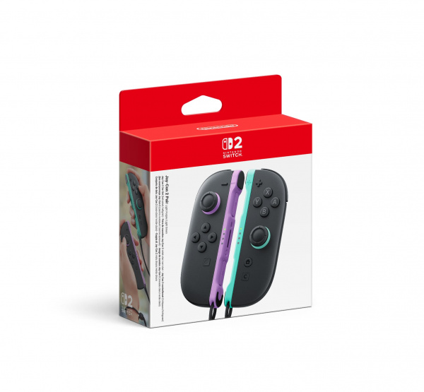 Pudełko pokazujące fioletowe i turkusowe kontrolery Nintendo Switch Joy-Con.