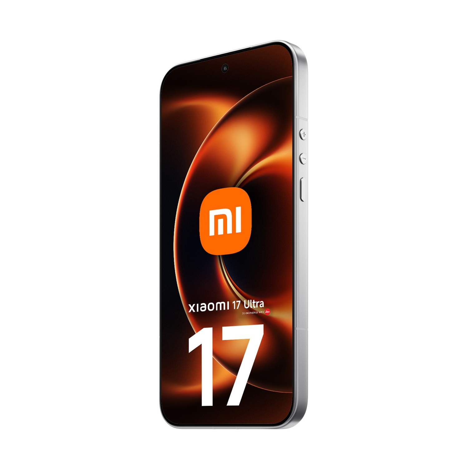 Smartphone Xiaomi 17 Ultra argento con logo Mi arancione e sfondo fiamme.