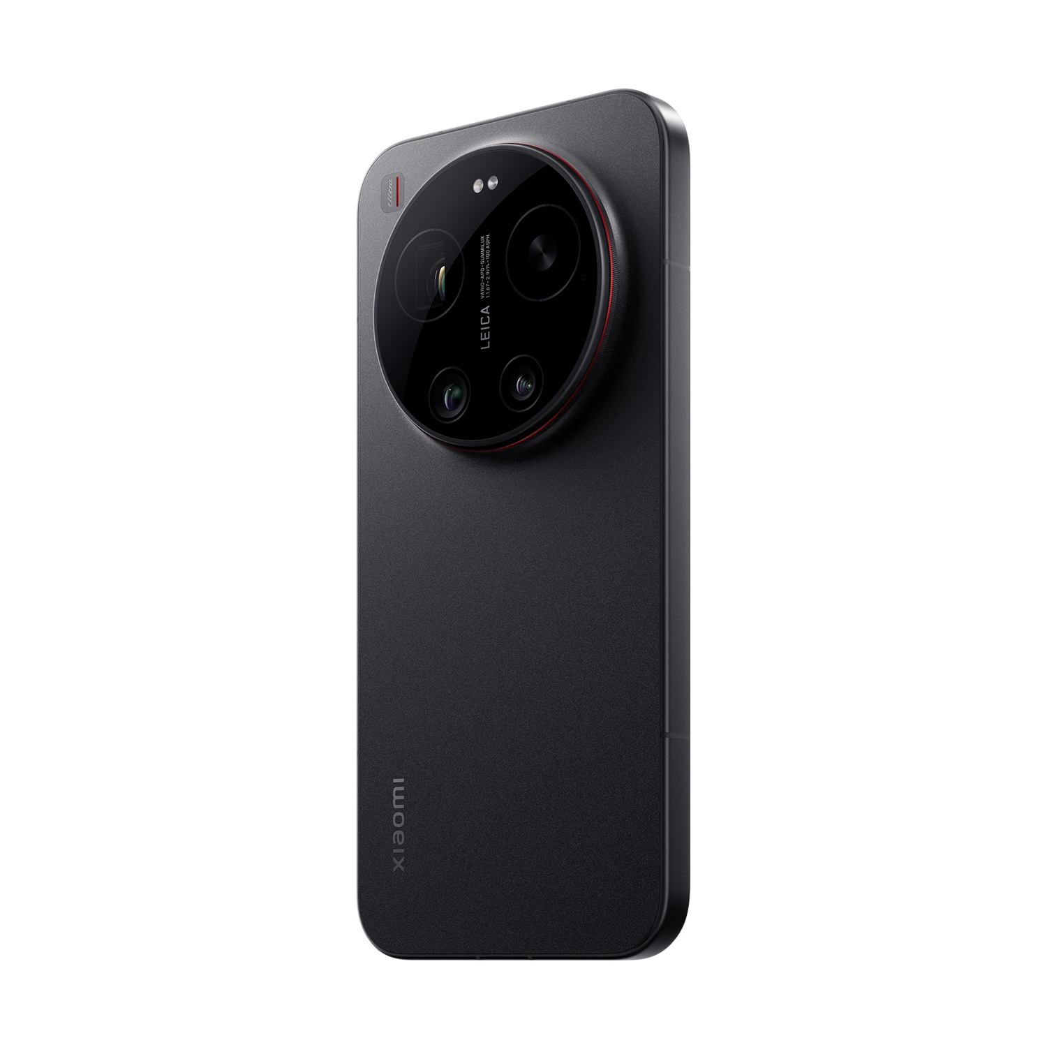 Smartphone nero con modulo fotocamera Leica, anello rosso e logo Xiaomi.