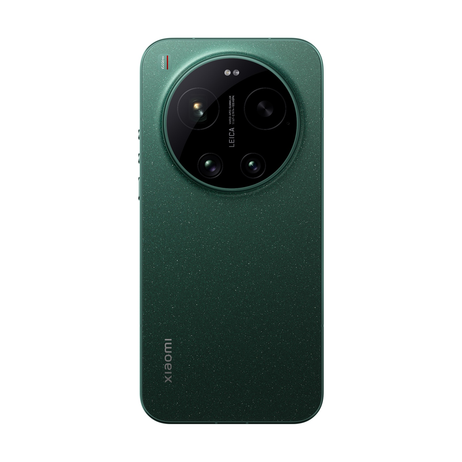 Smartphone verde scuro con grande modulo fotocamera e logo Xiaomi.