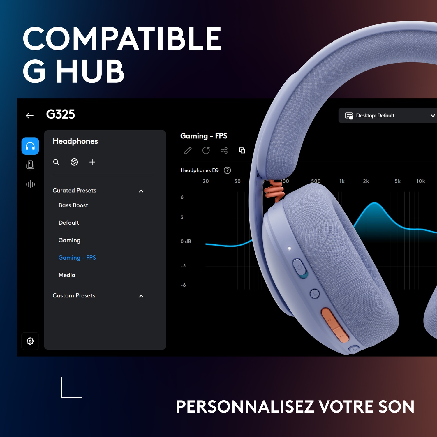 Purple headphones next to EQ software. Compatible with G Hub.