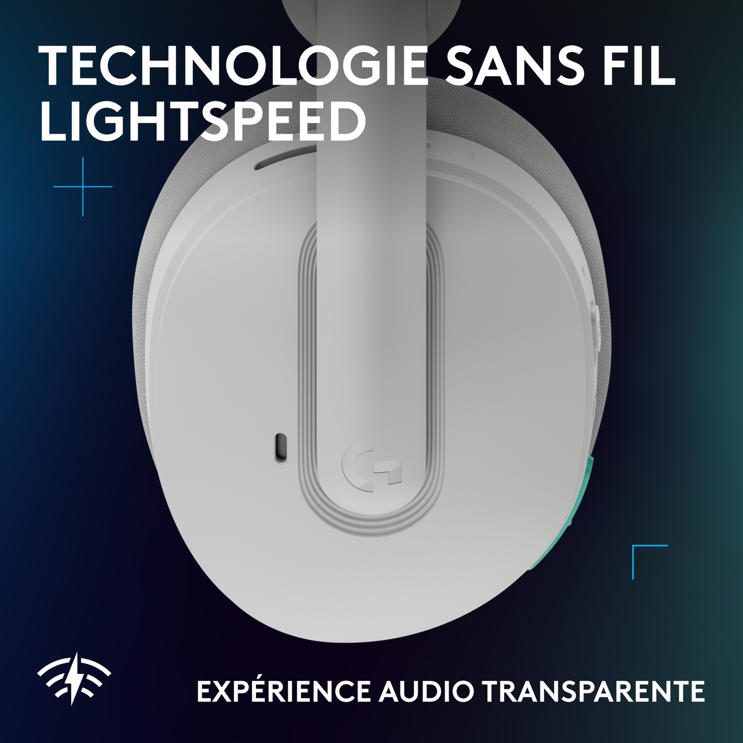 White headphones with Logitech logo, text: Wireless technology