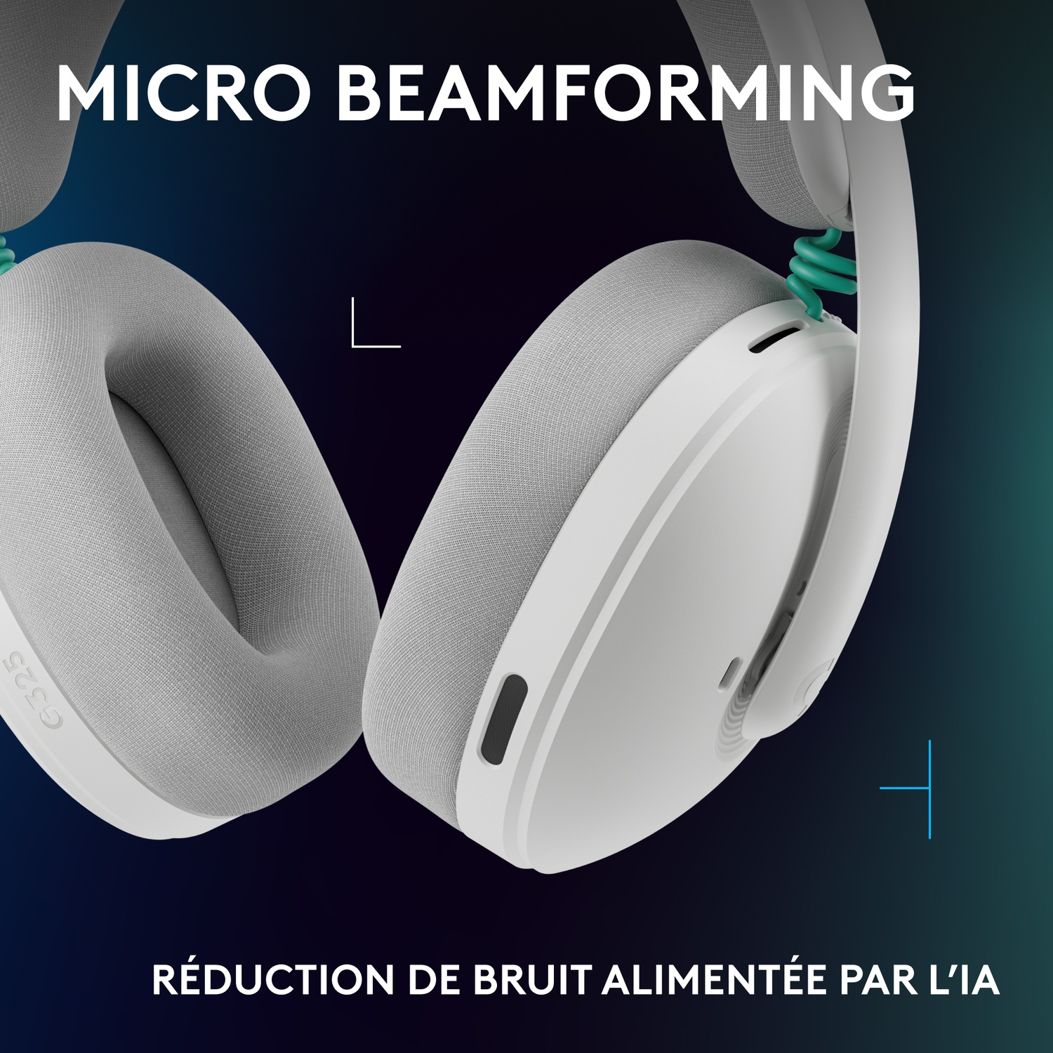 White headphones with gray earcups and teal accents on a dark background.