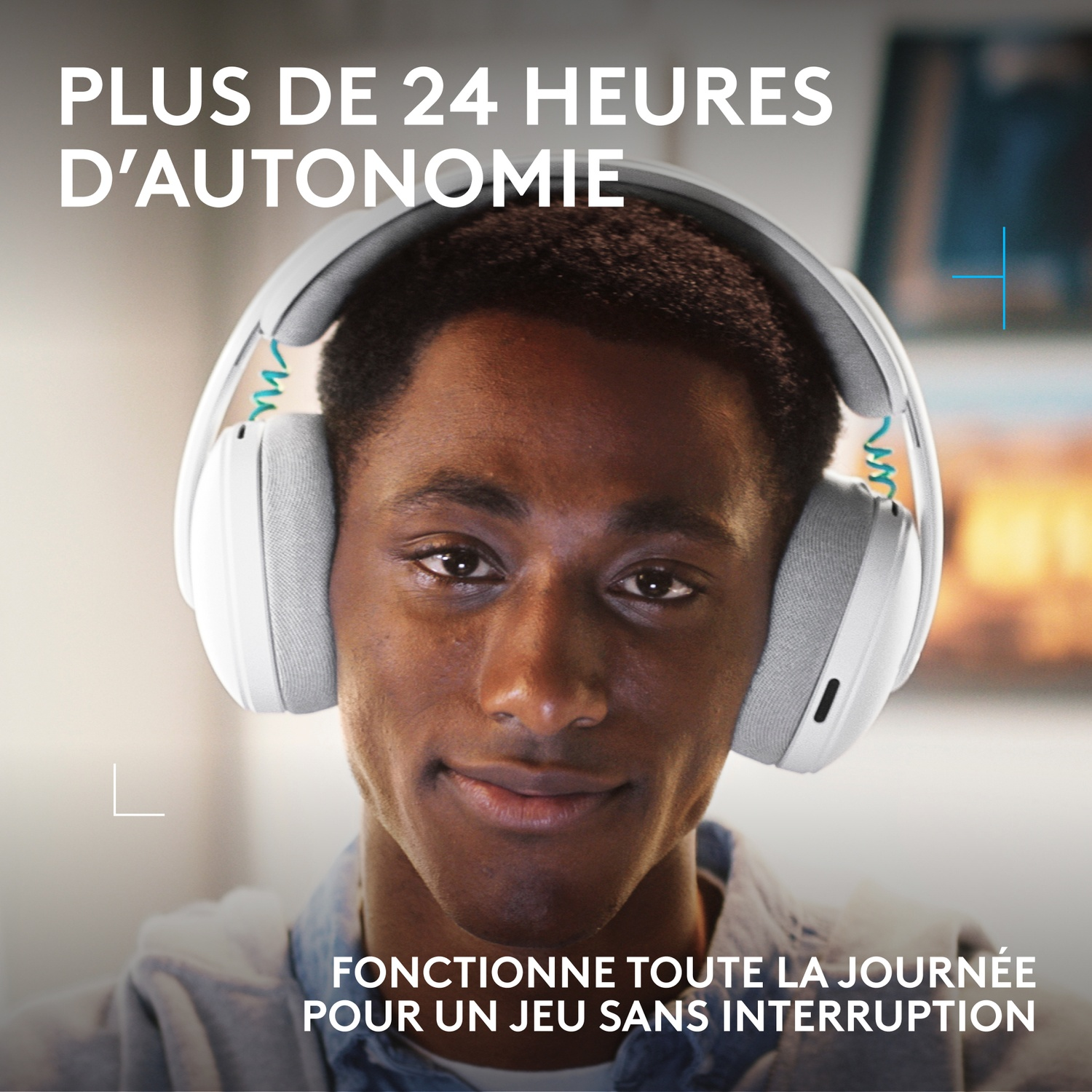 Man wearing white headphones, text about battery life.