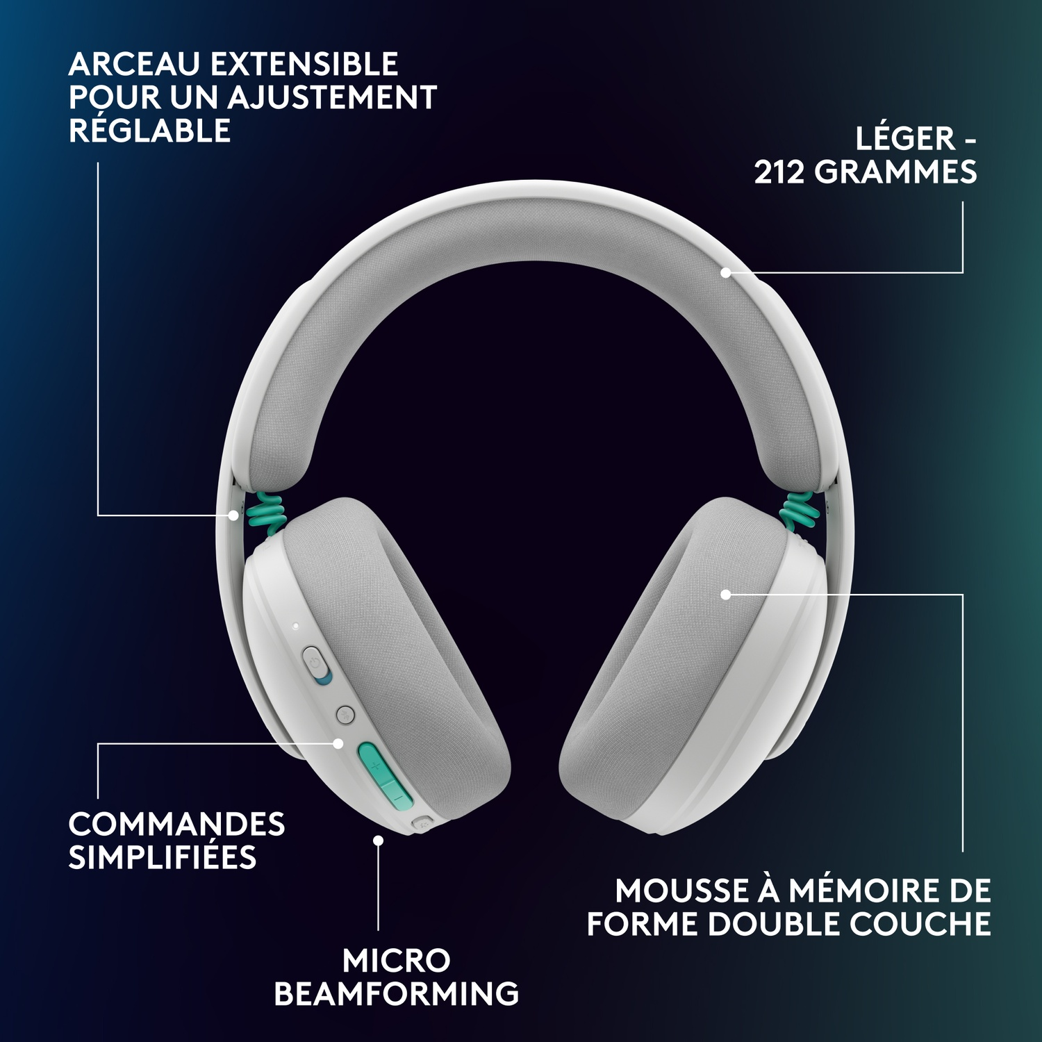 Lightweight white headphones with adjustable headband and blue accents.