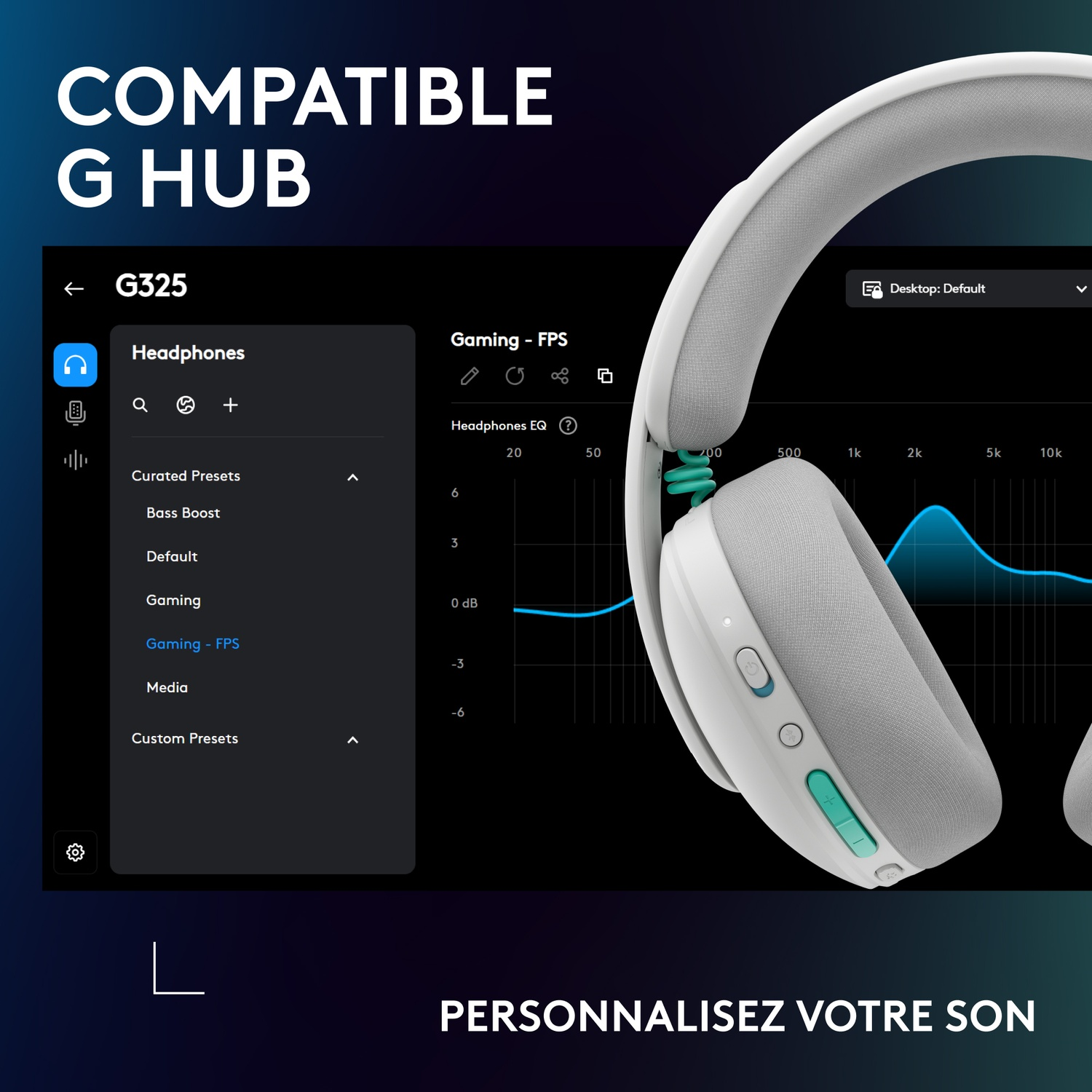 White headphones shown with G HUB software and equalizer display.