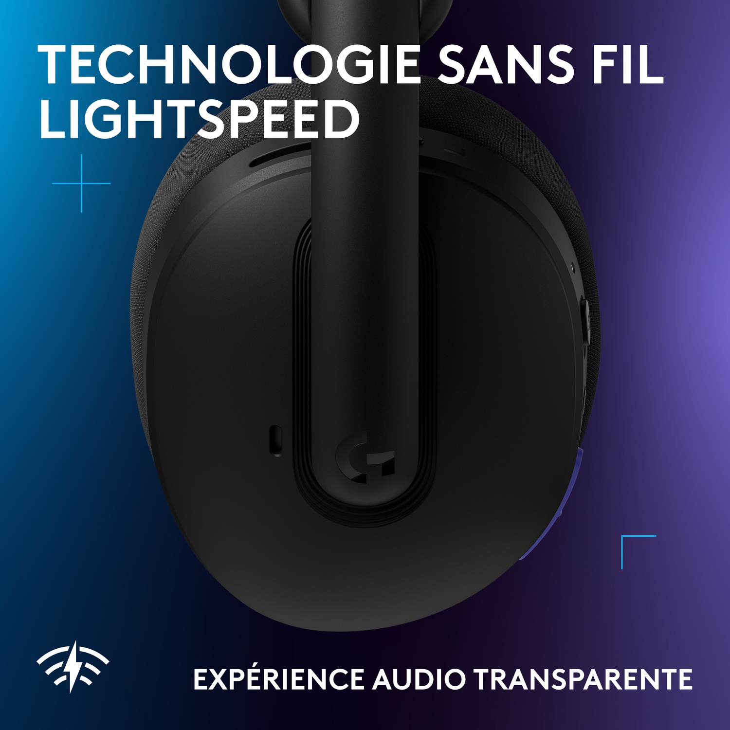 Black headphone featuring "LIGHTSPEED" logo and text on blue-purple background.