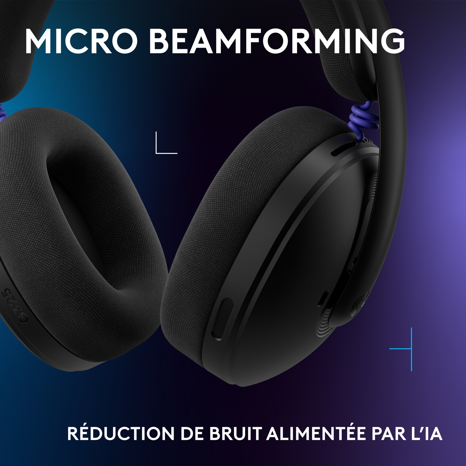 Black headphones featuring micro-beamforming and AI noise reduction.
