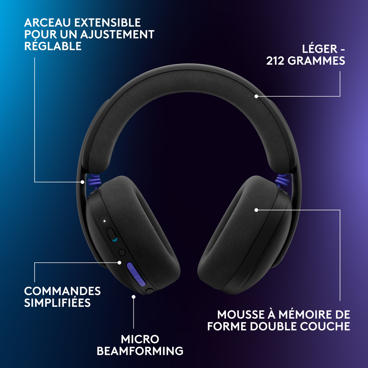 Black headphones with adjustable headband, memory foam, and microphone.