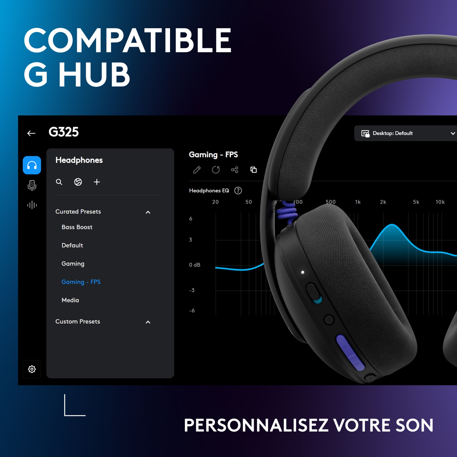 Black headphones with equalizer settings shown in G HUB interface.