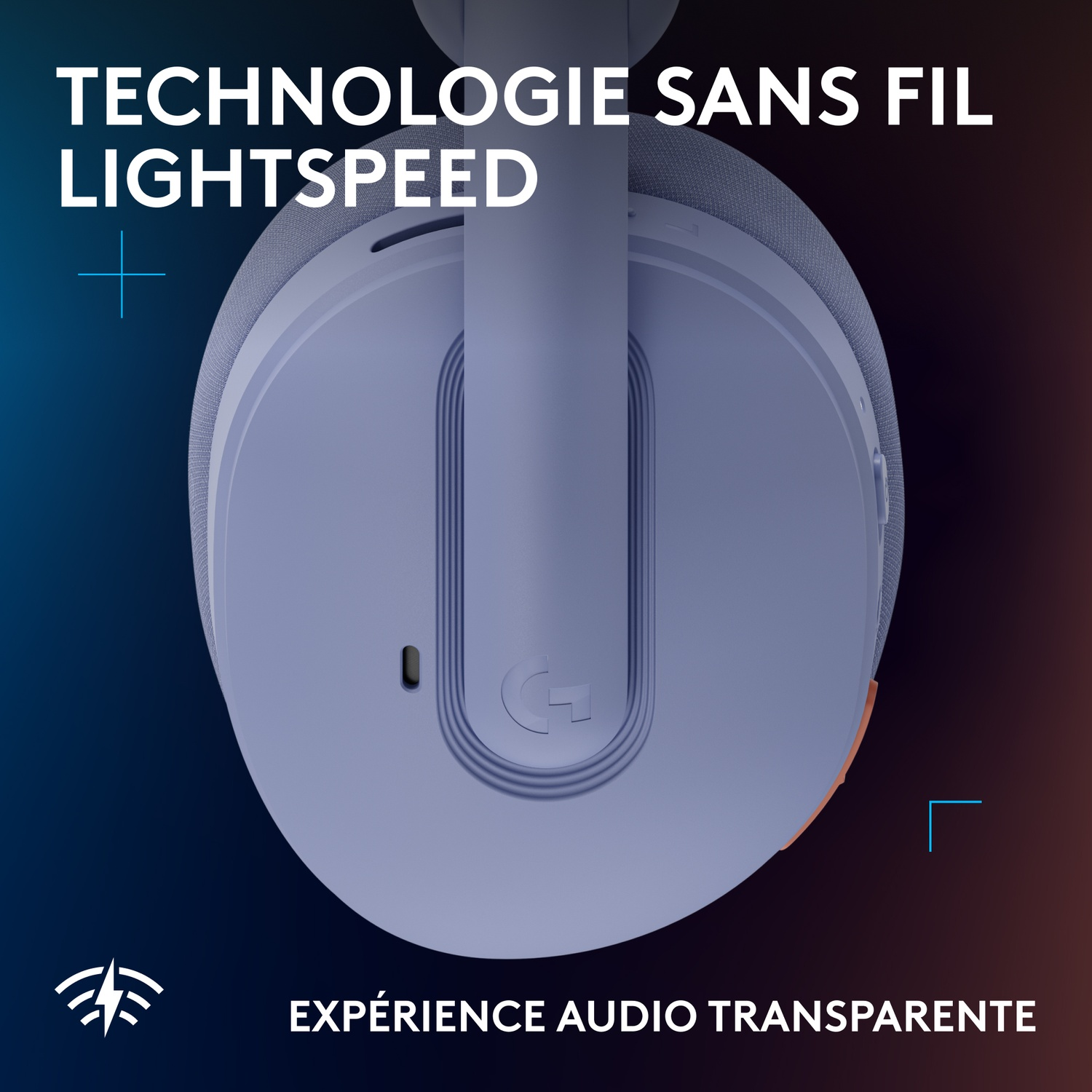 A blue-gray wireless headset with logo and text.