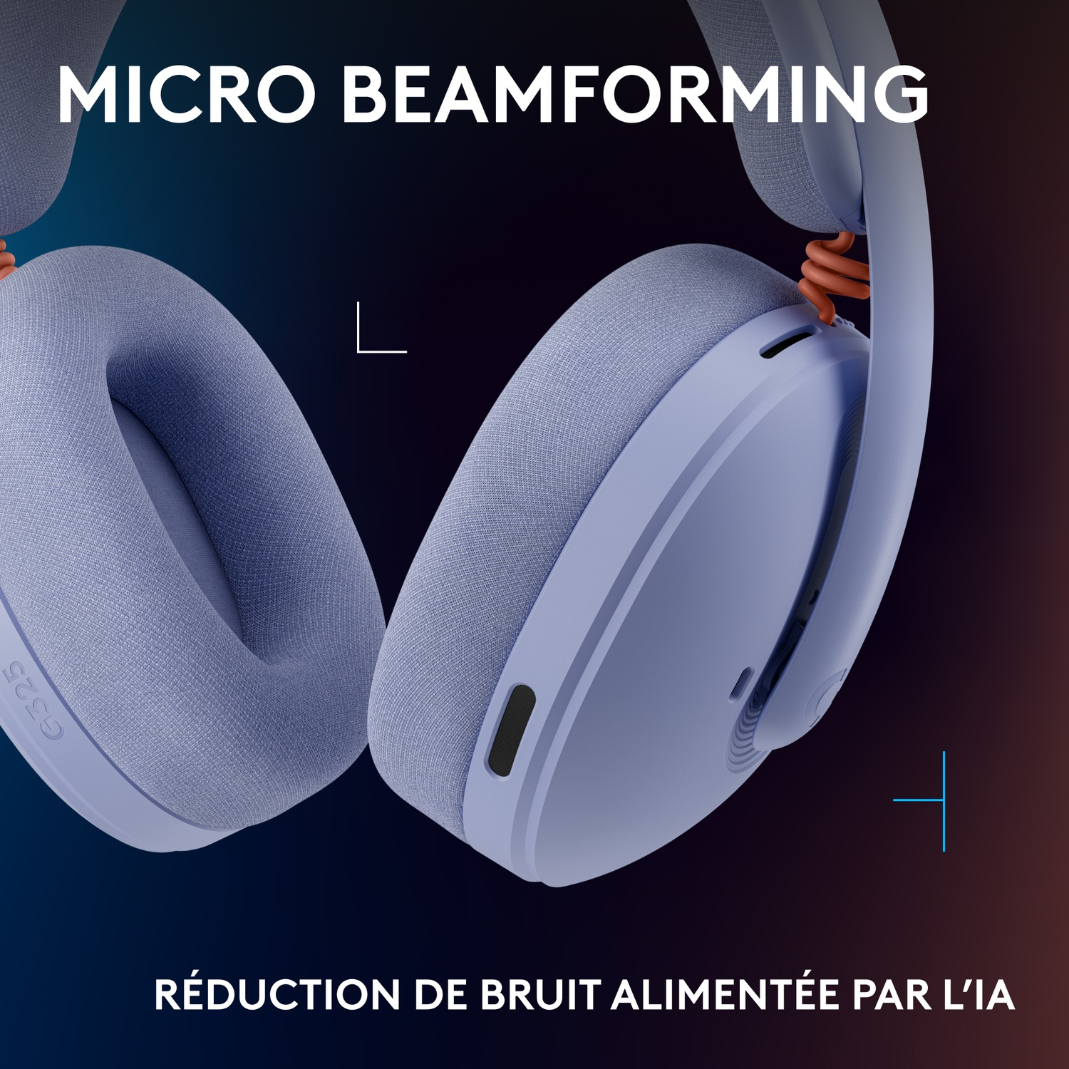 Lavender headphones with mic on dark background. Text: MICRO BEAMFORMING.