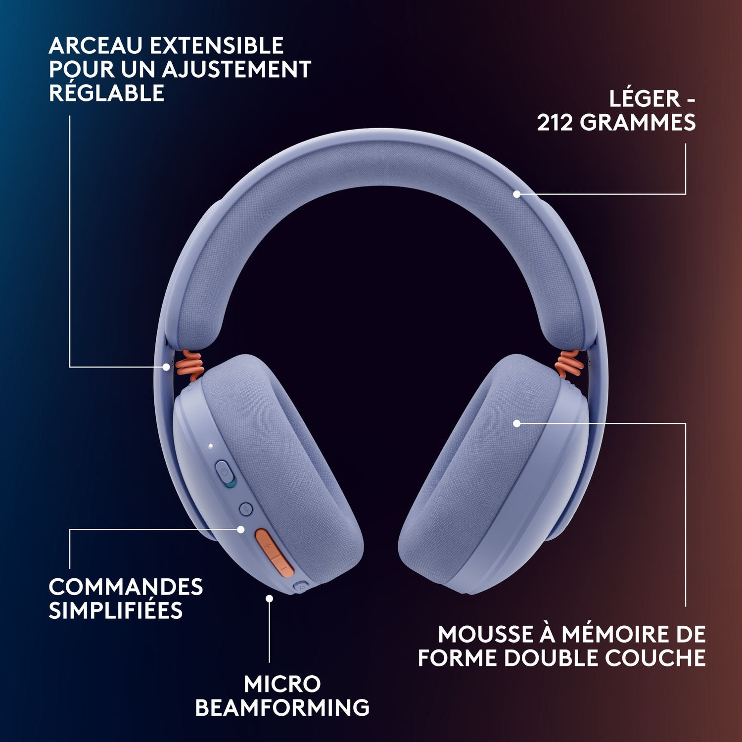 Blue headphones with adjustable headband and earcups. Features: lightweight, 212g.