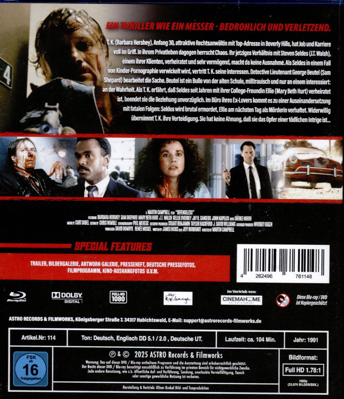 DVD-Rückseite mit Filmbeschreibung, Darstellern, Spezialfunktionen und technischen Details.