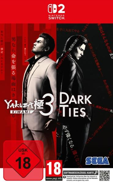 Yakuza Kiwami 3 Dark Ties: Zwei Männer im Anzug vor rotem Hintergrund.