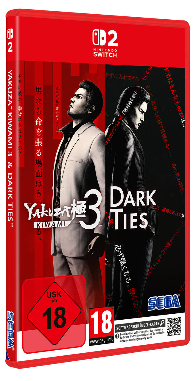 Nintendo Switch-Spielcover Yakuza Kiwami 3 & Dark Ties mit zwei Männern und USK 18 Siegel.