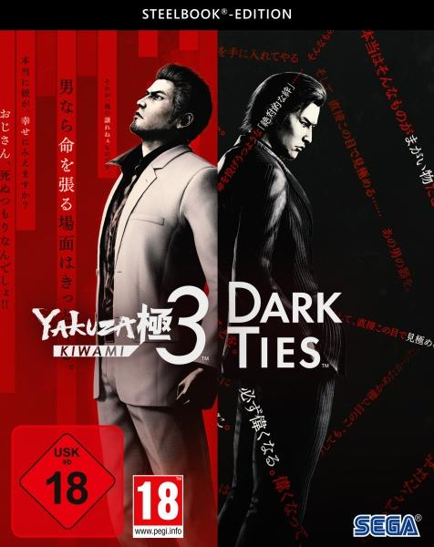 Yakuza Kiwami 3 Dark Ties Steelbook Edition mit zwei Männern, USK 18 Siegel.