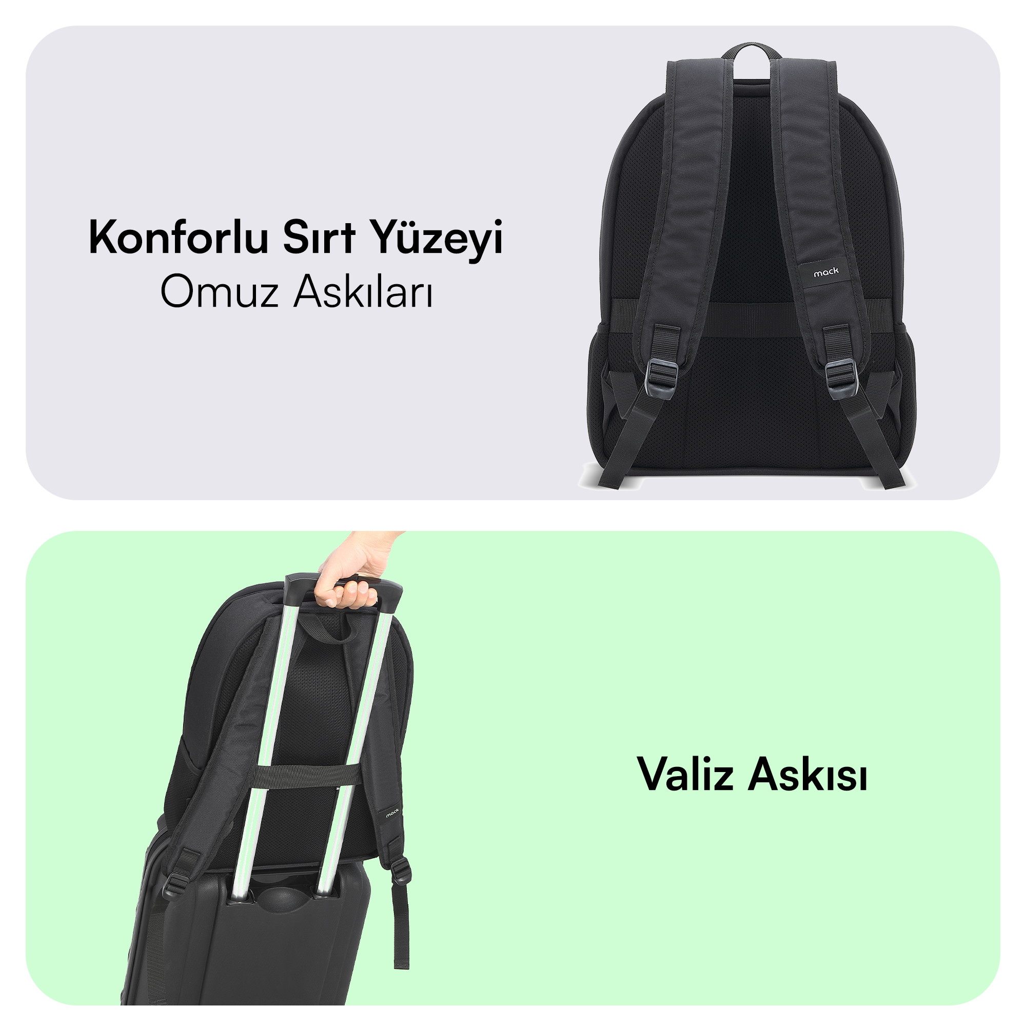 Yastıklı omuz askılı ve bavul saplı siyah sırt çantası.