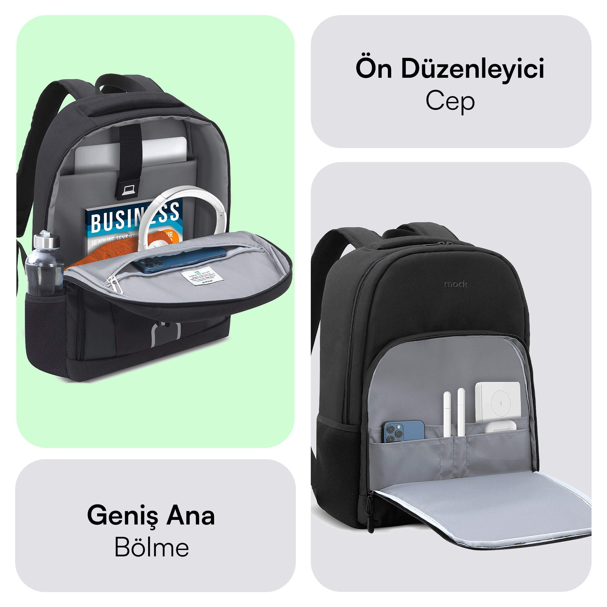 Siyah sırt çantası açık ana bölme ve aksesuar cepleriyle. Dizüstü bilgisayar, kitap, telefon içerir.