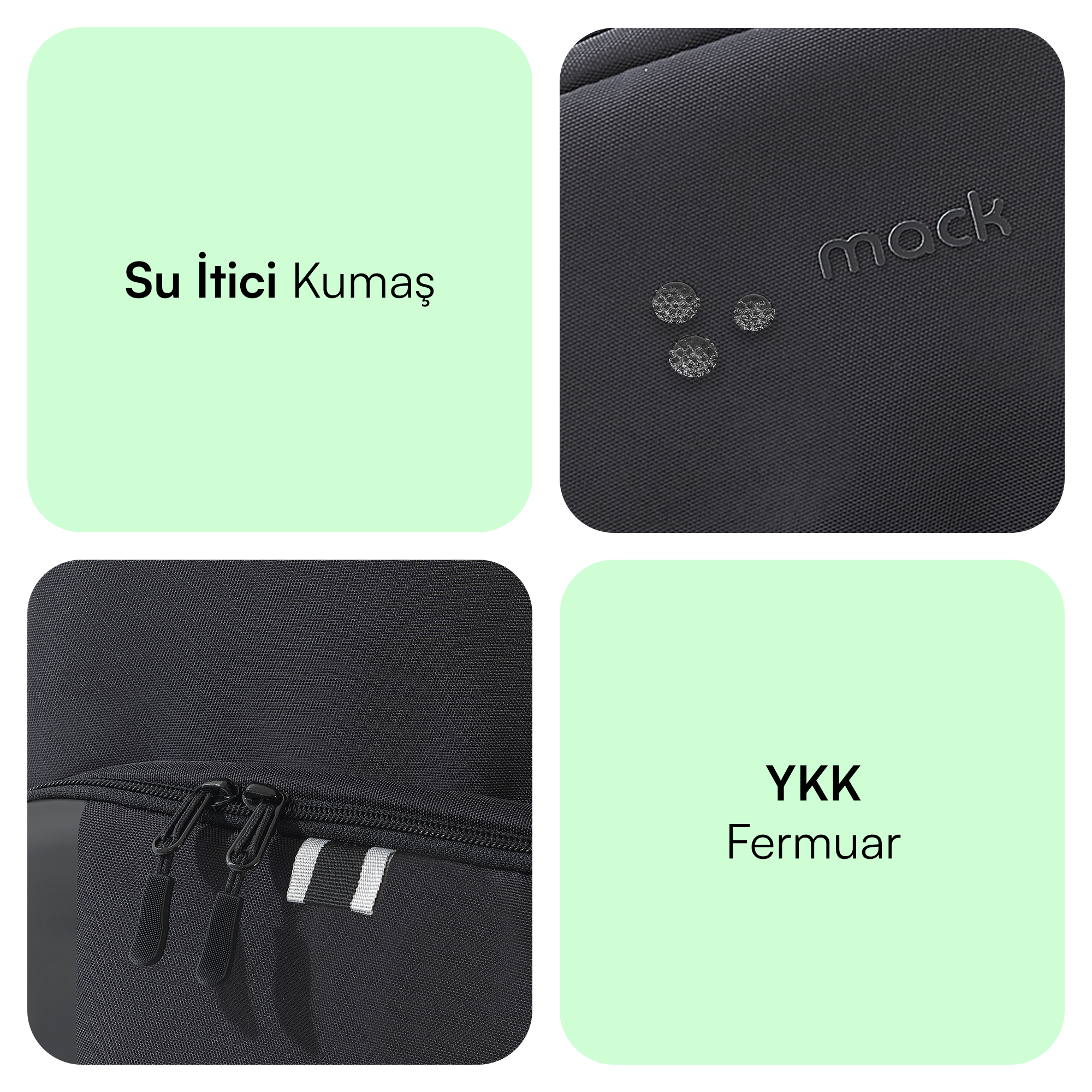 Dört kolaj: Su geçirmez kumaş, logo, fermuarlar ve YKK fermuar.