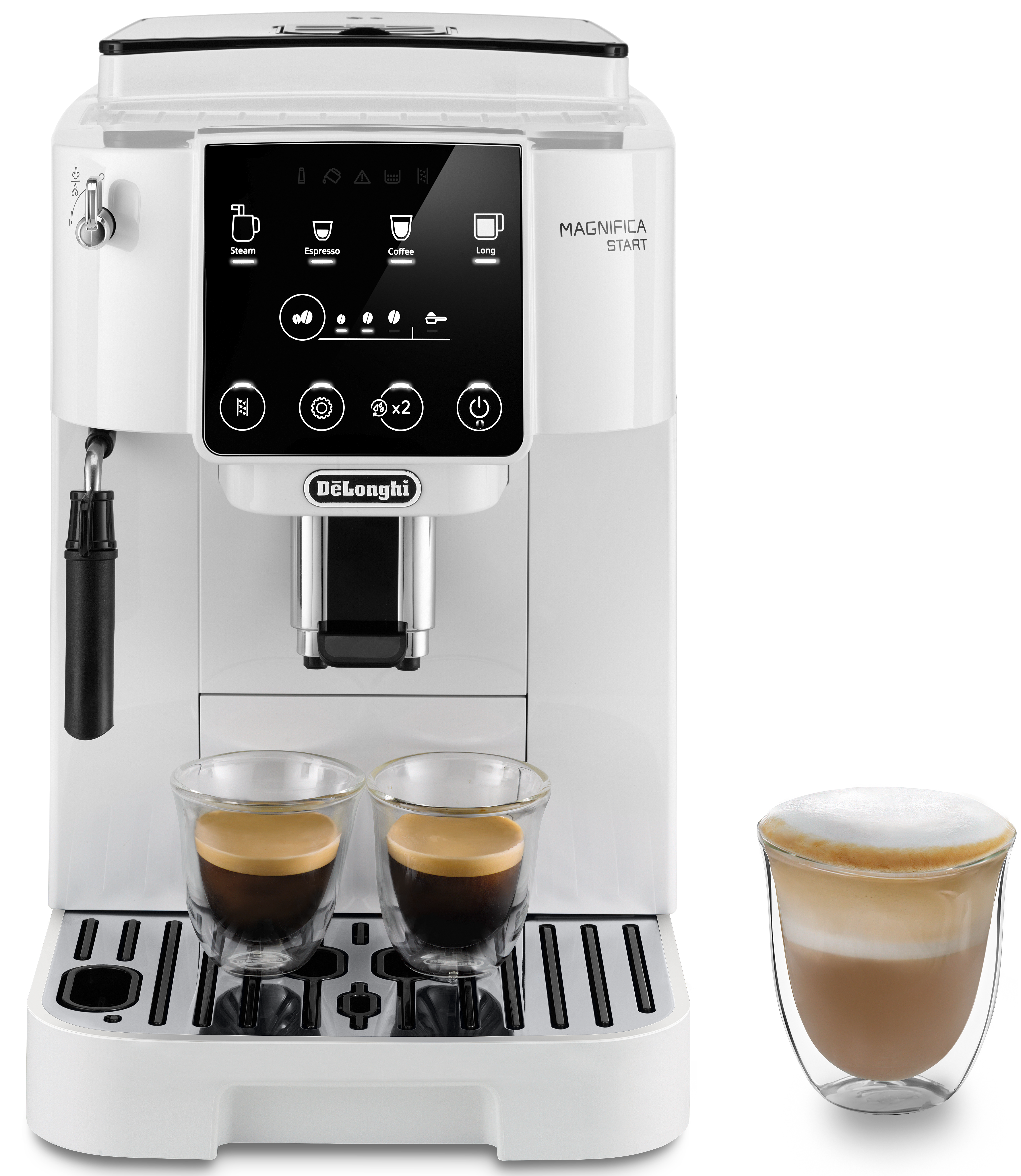 Eine weiße DeLonghi Kaffeemaschine mit zwei Espressogläsern und einem Cappuccino.