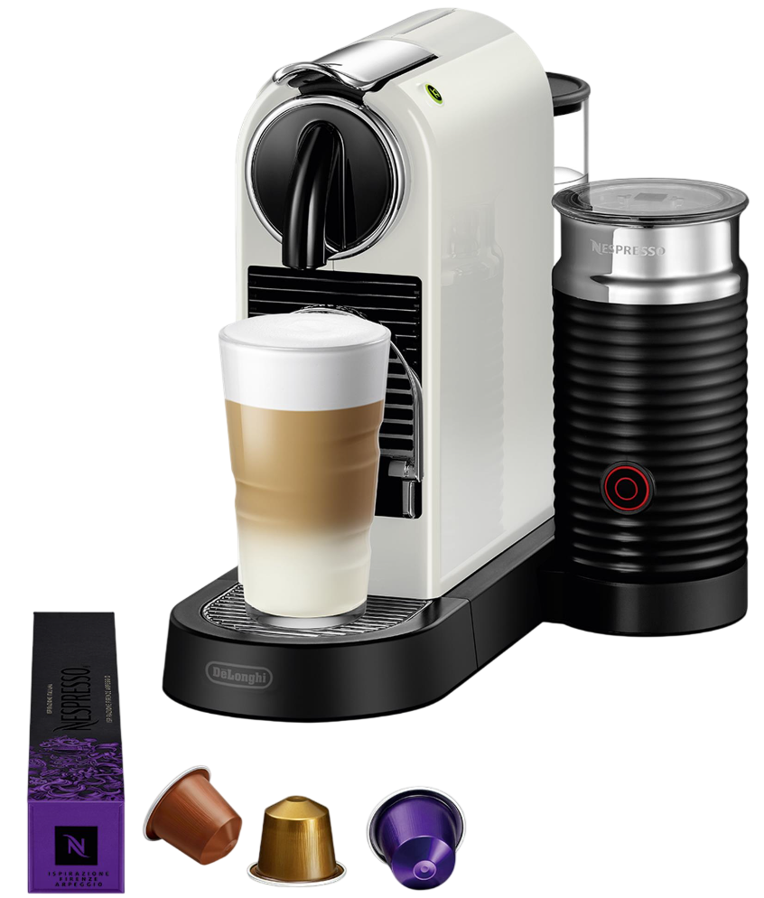 Weiße Nespresso-Maschine mit Milchaufschäumer, Latte und Kapseln.
