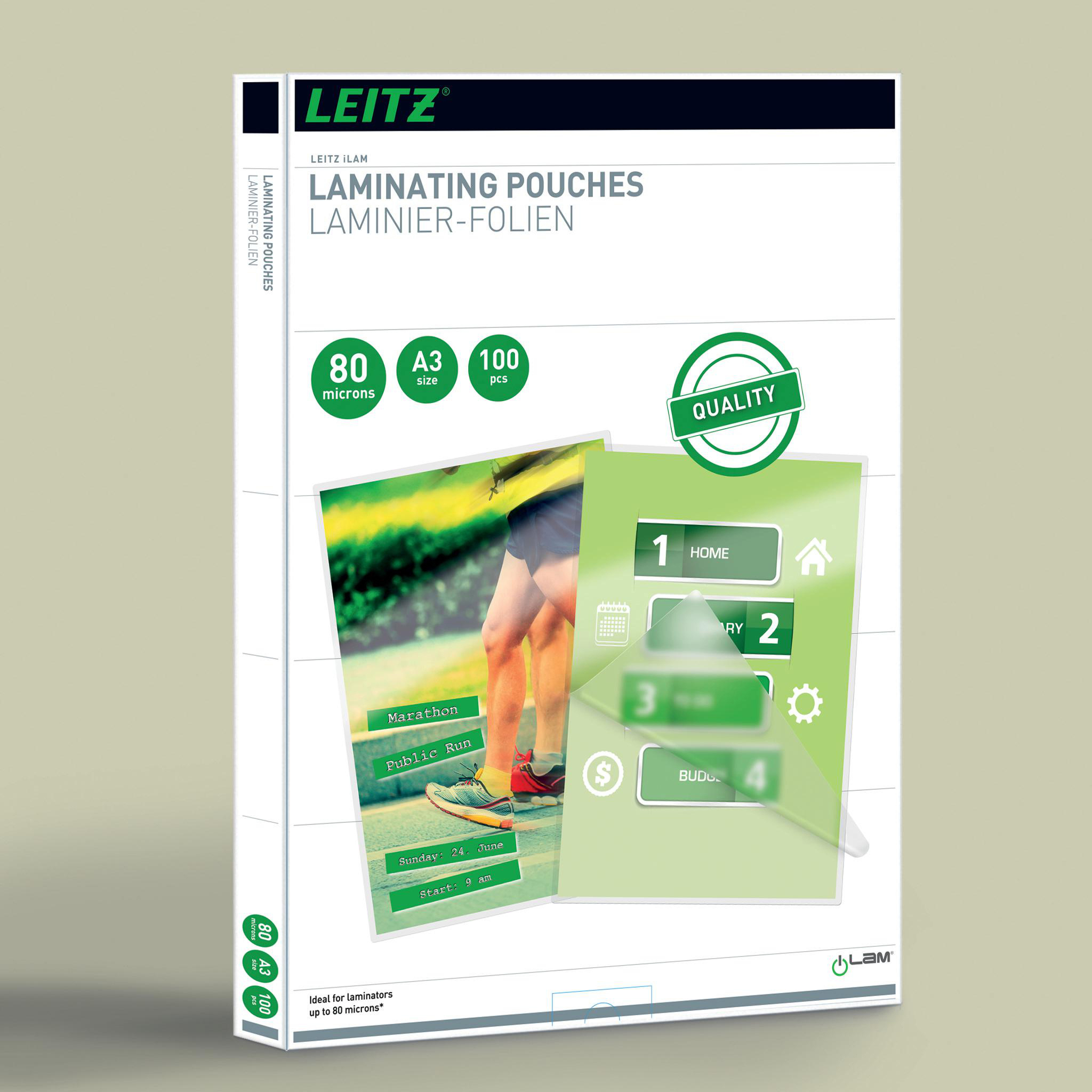 Leitz Laminierfolien A3, 80 Mikron, 100 Stück, mit Laufbild und App-Icons.