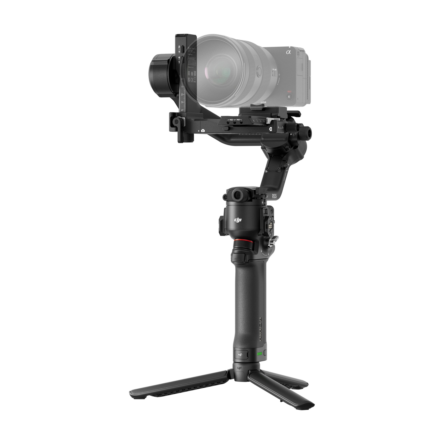 Un gimbal nero con fotocamera e base treppiede su sfondo bianco.