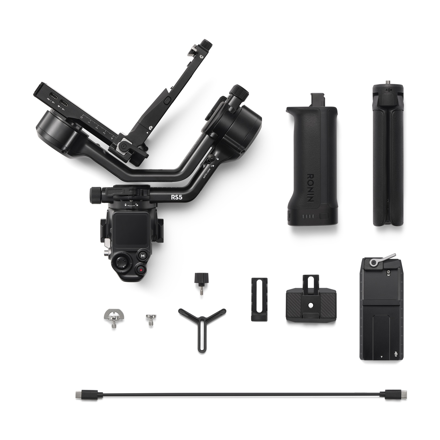 Uno stabilizzatore per fotocamera nero con accessori su sfondo bianco.