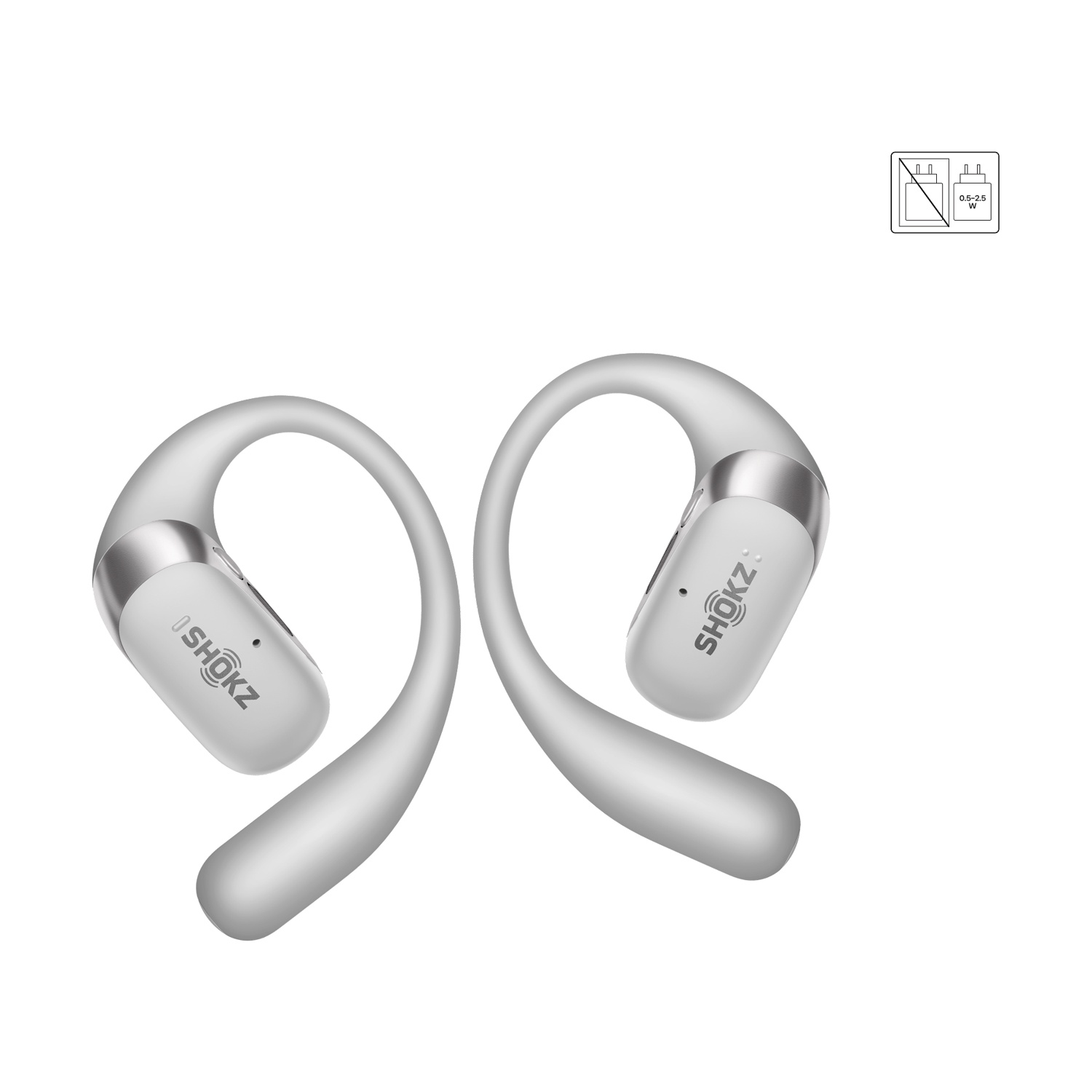 Cuffie Shokz bianche con accenti argentati su sfondo bianco.