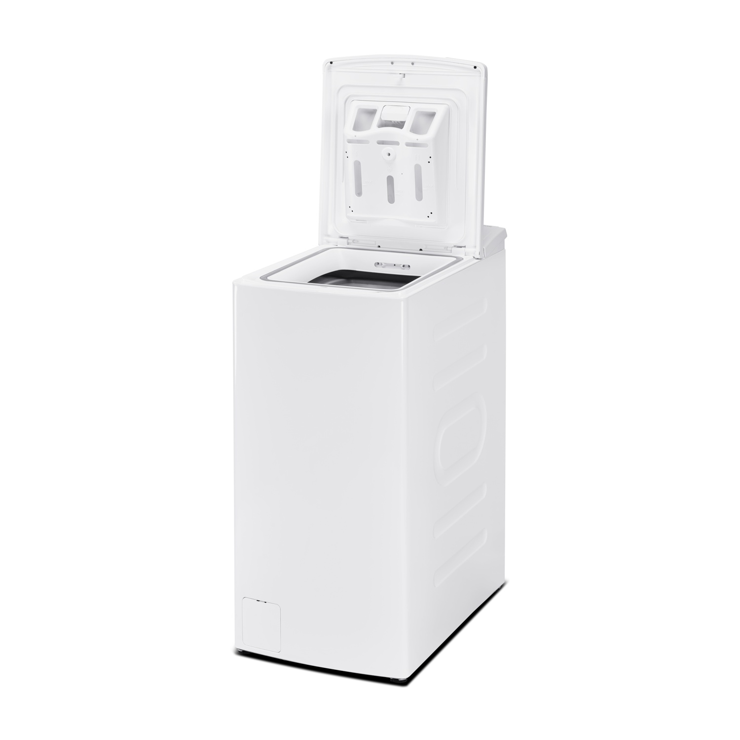 Una lavatrice bianca con il coperchio aperto, che mostra il dispenser del detersivo.