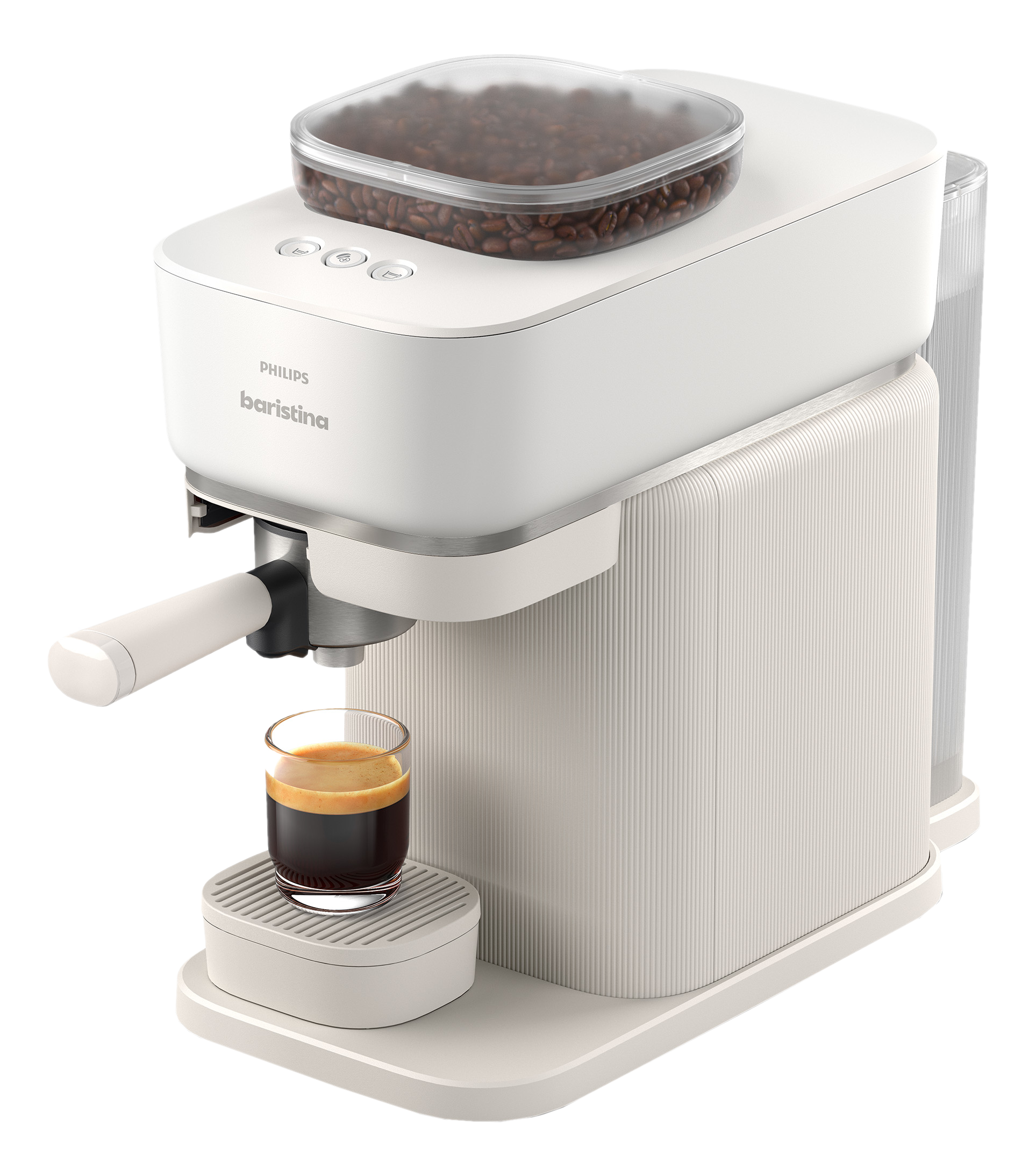 Eine weiße Philips Barista Espressomaschine mit Kaffeebohnenbehälter und einem Glas Espresso.