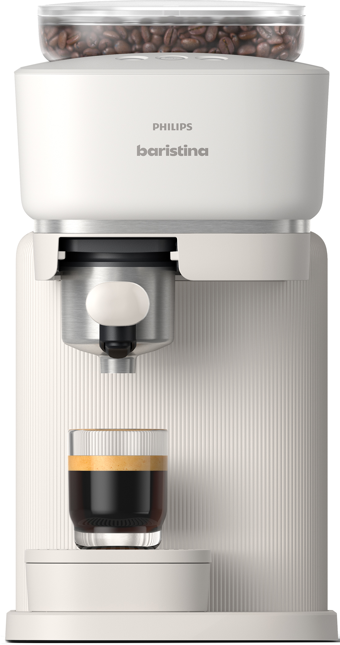 Eine weiße Philips Baristina Kaffeemaschine mit einem Glas Espresso und Bohnenbehälter.