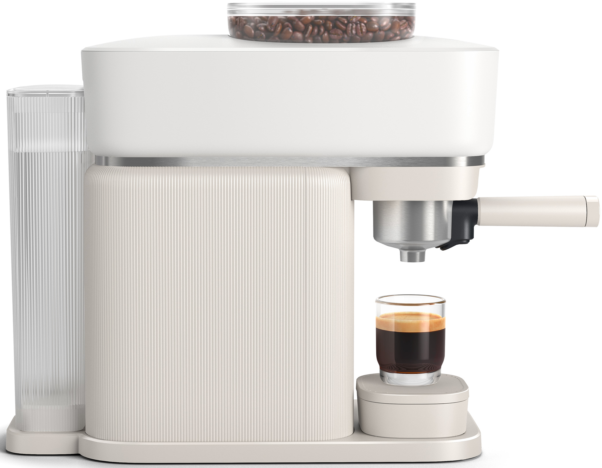 Eine weiße Espressomaschine mit Kaffeebohnenbehälter, Wassertank und einem Glas Espresso.