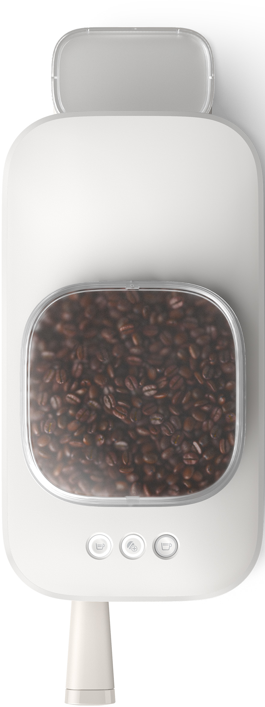 Weiße Kaffeemaschine mit transparentem Behälter voller Kaffeebohnen.