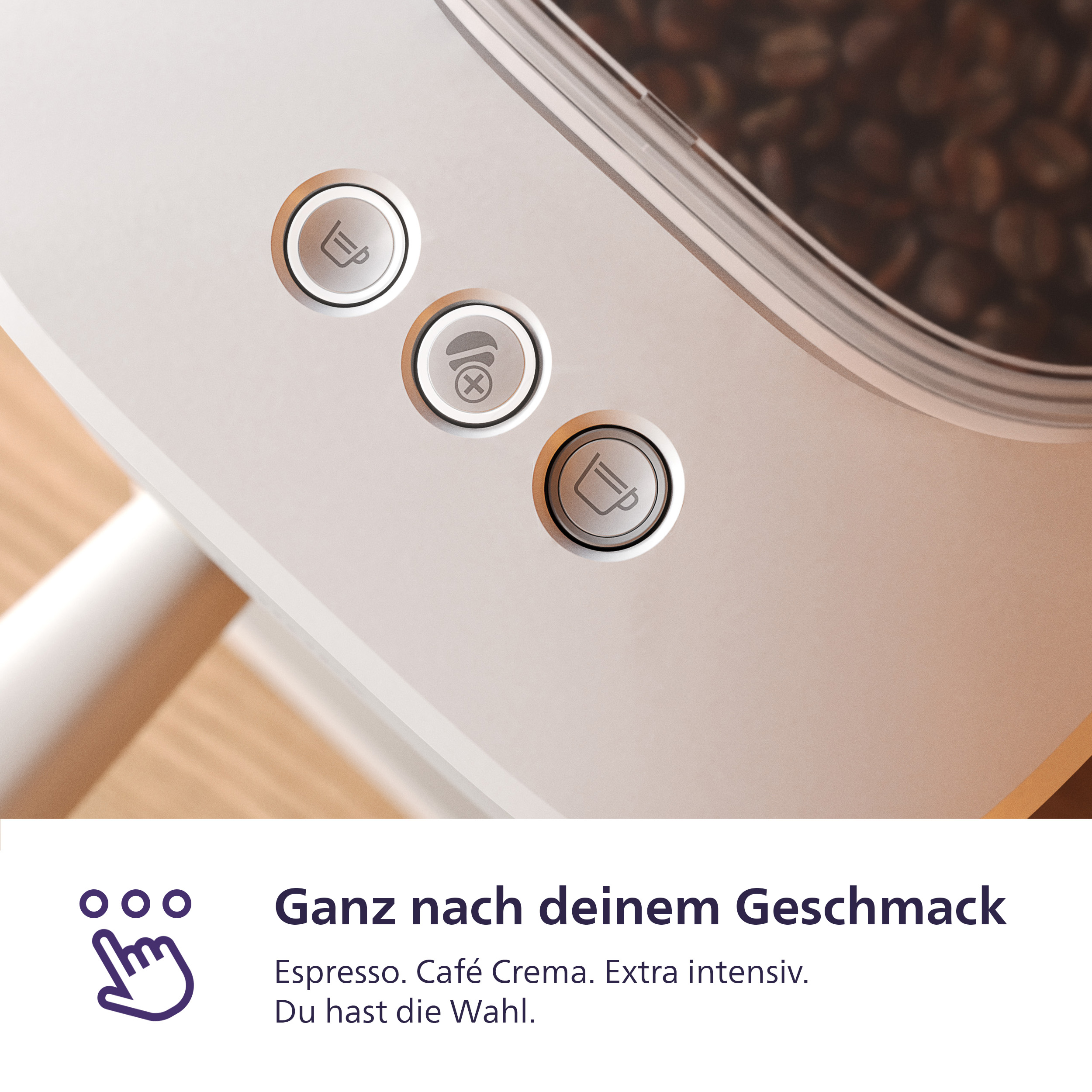 Kaffeemaschine mit drei Bedienknöpfen und Kaffeebohnen.