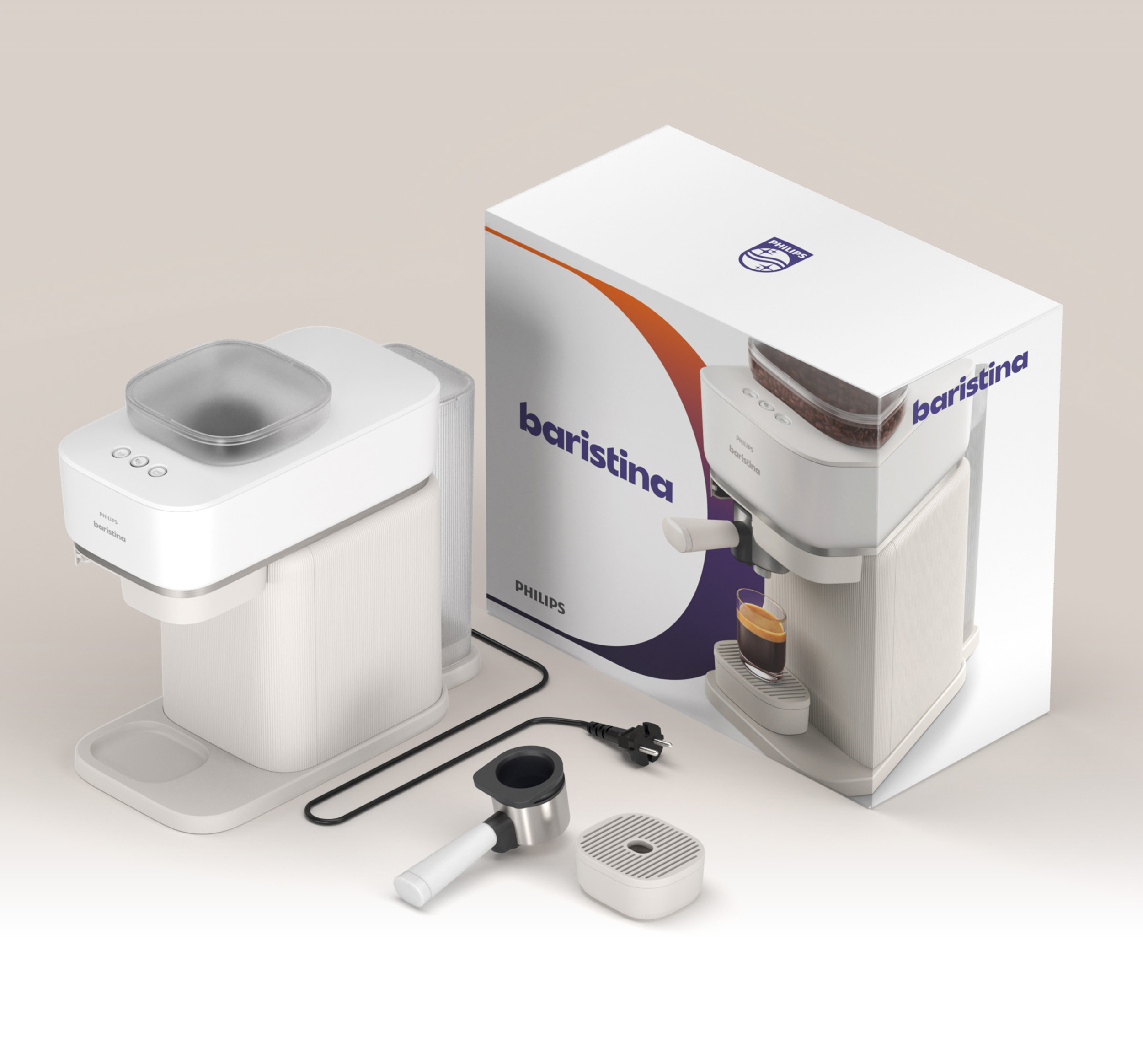 Weiße Kaffeemaschine mit Zubehör und Verpackung auf hellem Hintergrund.