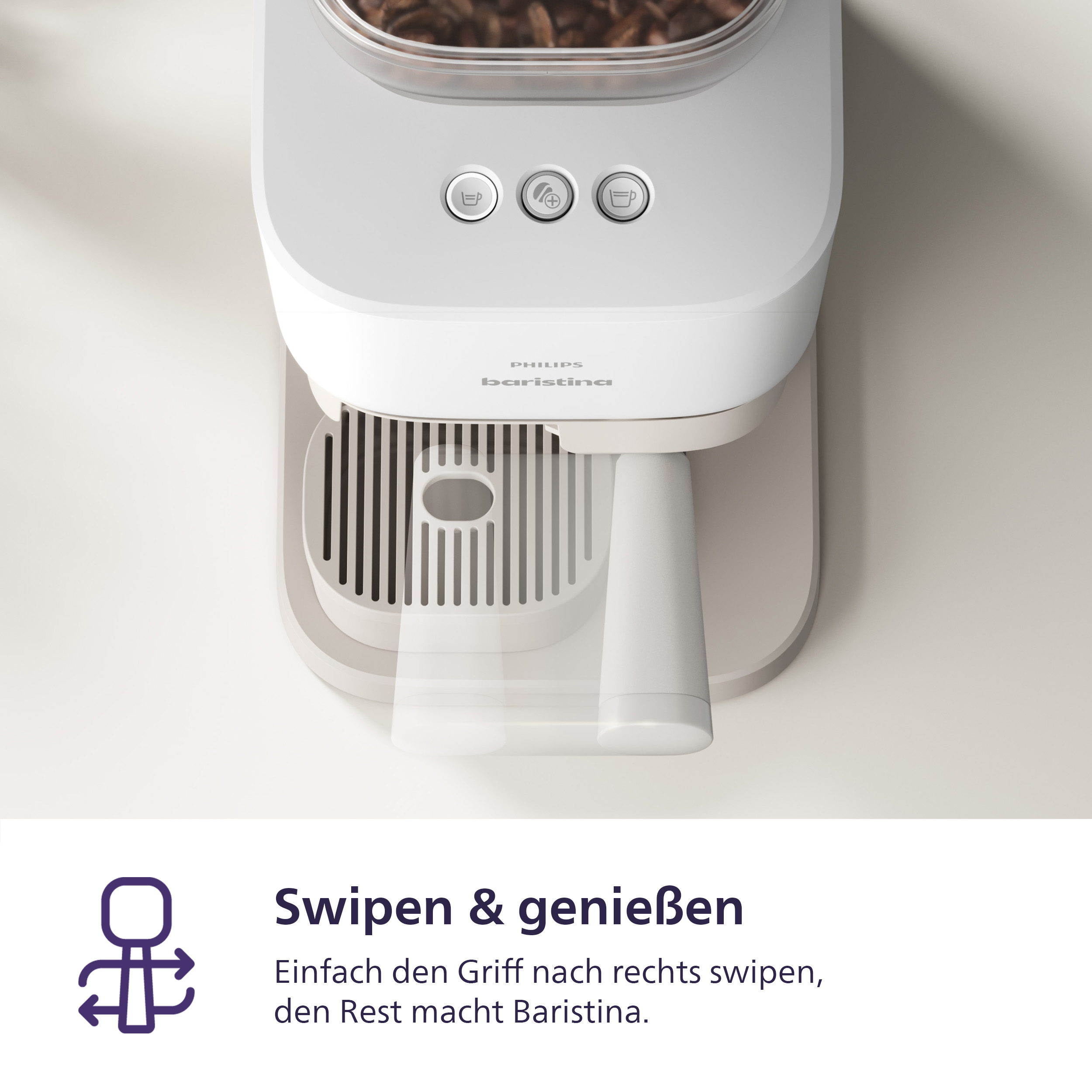 Weiße Kaffeemaschine mit drei Knöpfen und Bohnenbehälter.