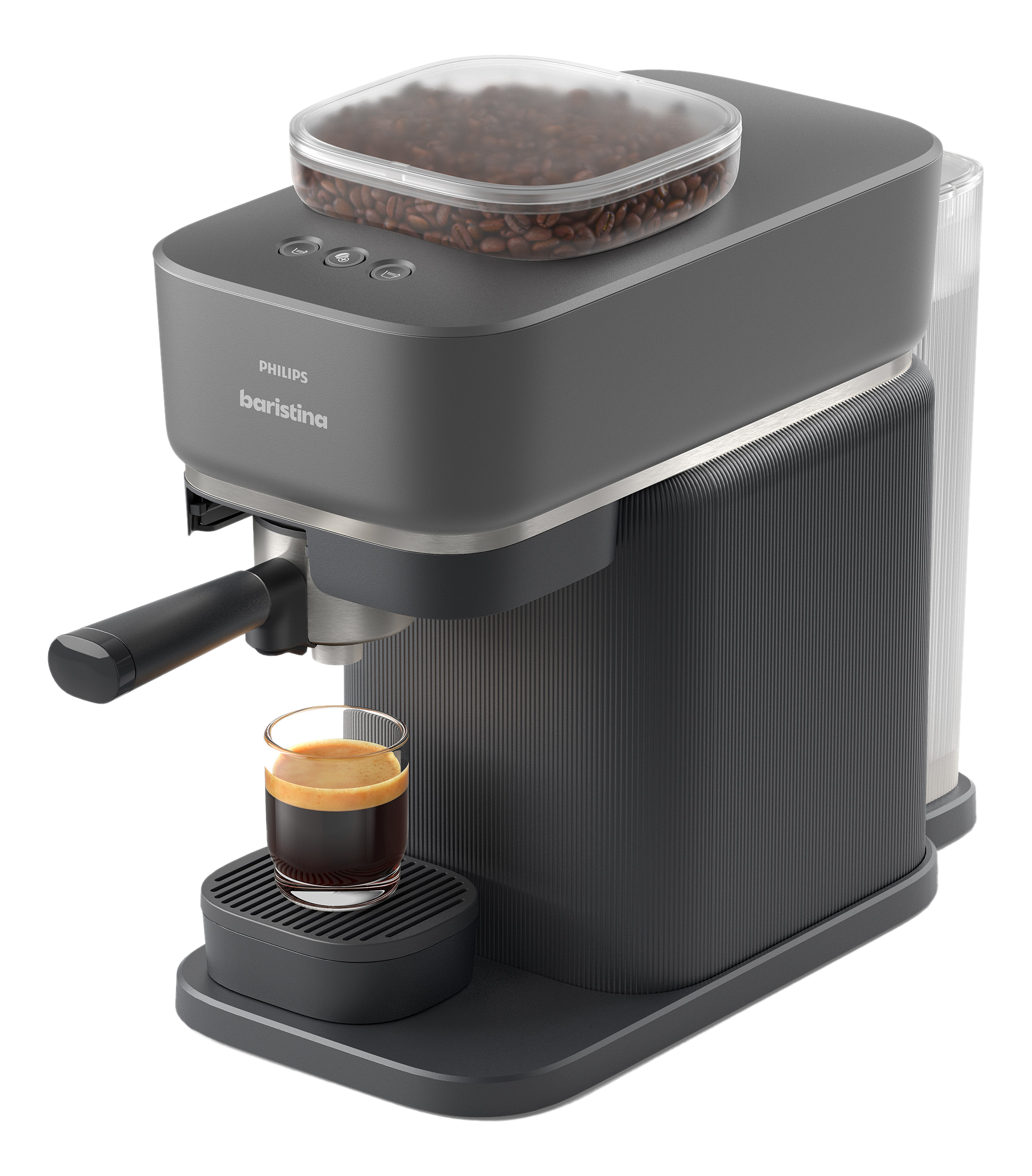 Eine graue Philips Barista Kaffeemaschine mit einem Glas Espresso.