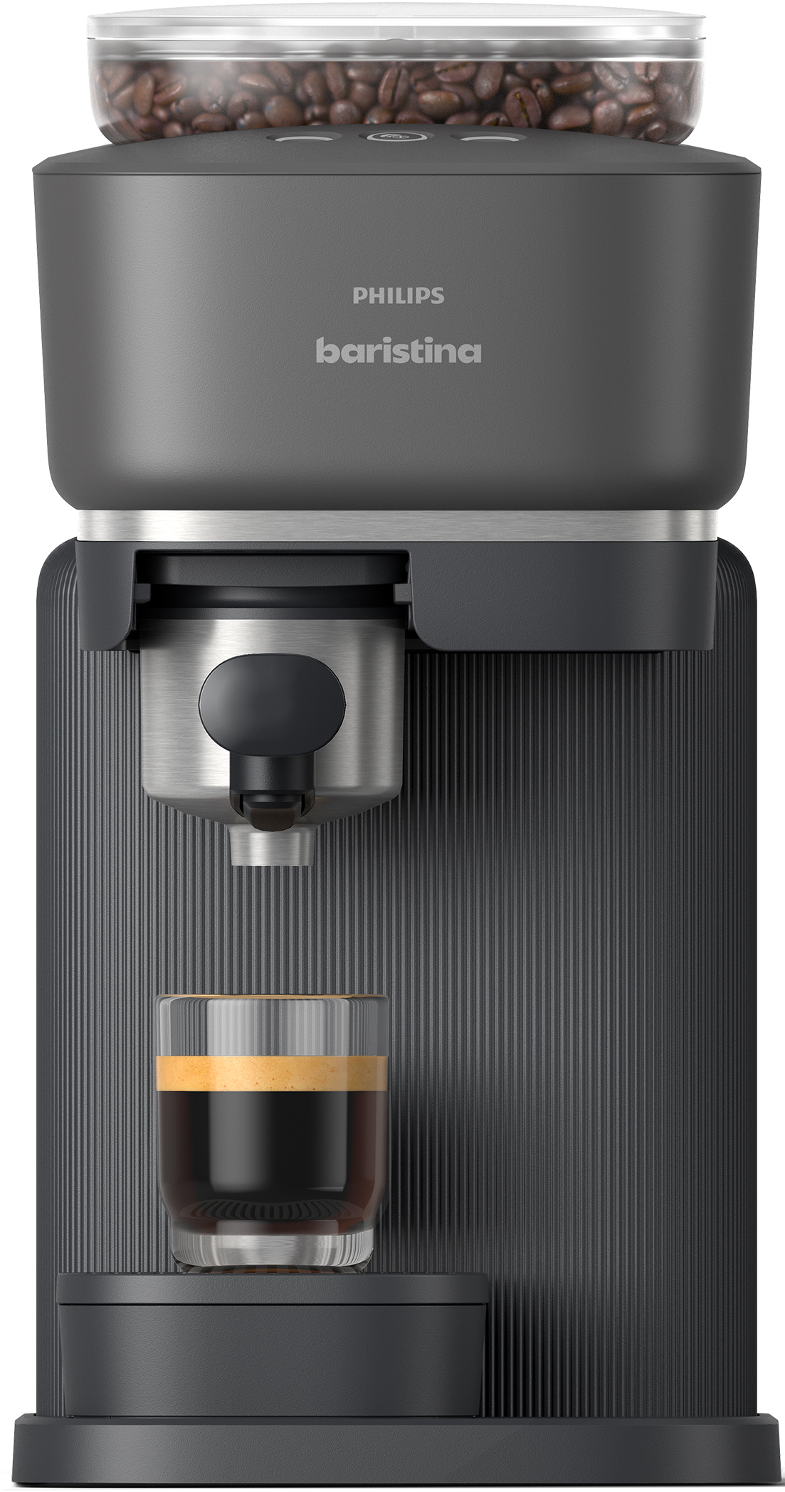 Eine dunkle Philips Baristina Kaffeemaschine mit Bohnenbehälter und einem Glas Espresso.